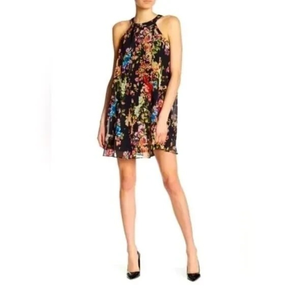 Betsey Johnson Dress Size 10 Floral Chiffon Sleeveless Swing Mini Boho Pleated